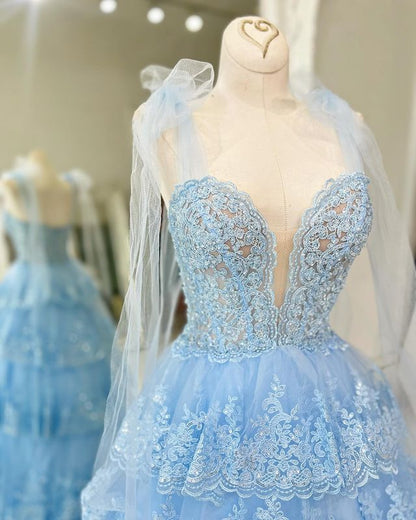 Dressime A Line Staps Tiered Prom Dress with Appliques dressime