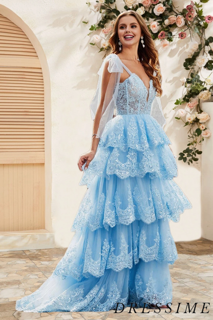 Dressime A Line Staps Tiered Prom Dress with Appliques dressime