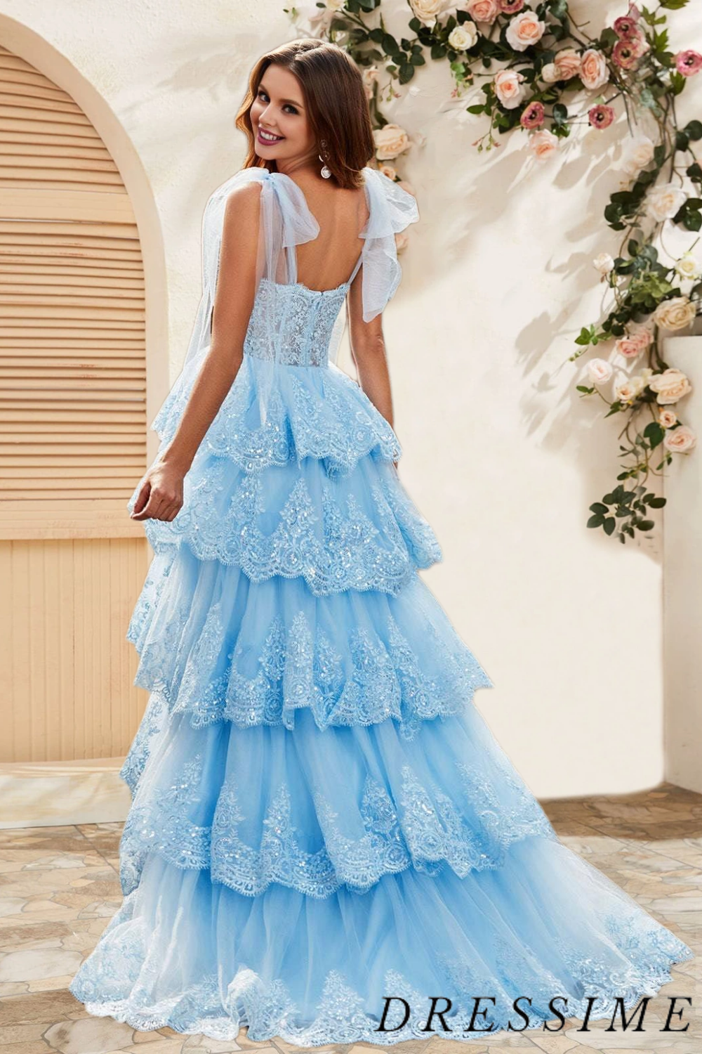 Dressime A Line Staps Tiered Prom Dress with Appliques dressime