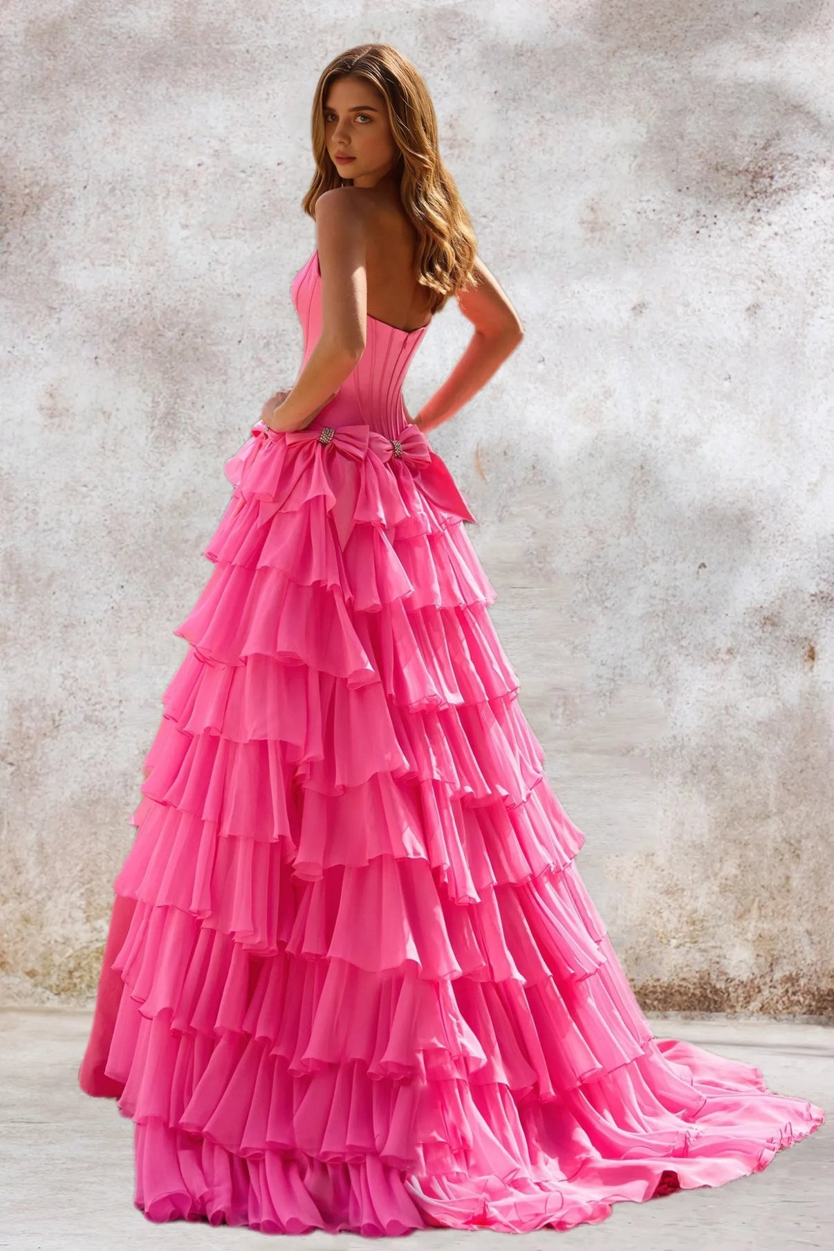 Dressime A Line Strapless Corset Satin Tiered Long Prom Dress With Bow