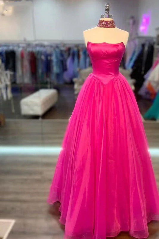 Dressime A Line Strapless Satin Tulle Prom Dress dressime