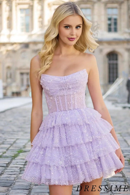 Dressime A Line Strapless Short/Mini Tulle Tiered Homecoming Dresses With Ruffles dressime