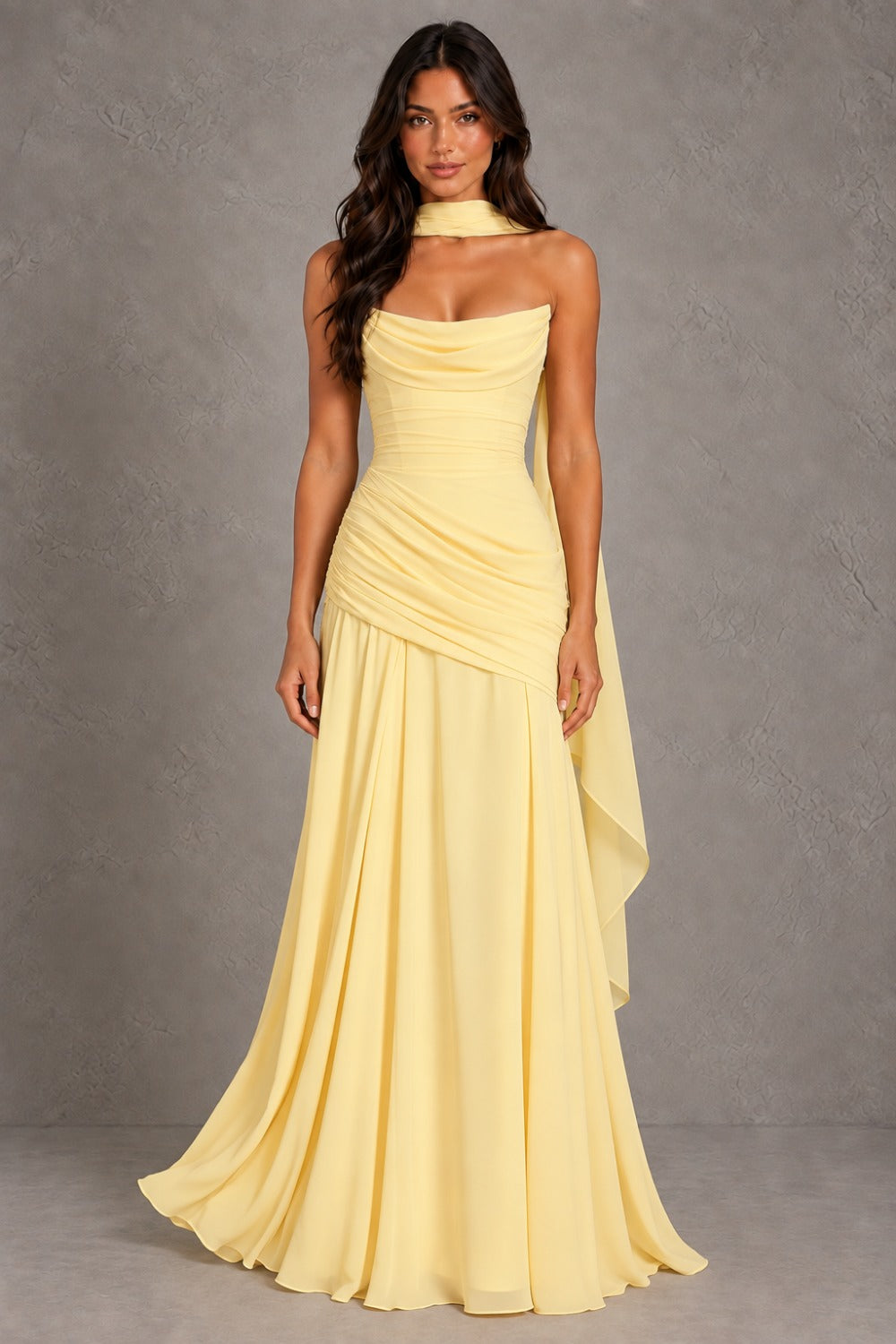 Dressime A Line Strapless Sleeveless Chiffon Pleated Maxi Prom Dresses With Scarf