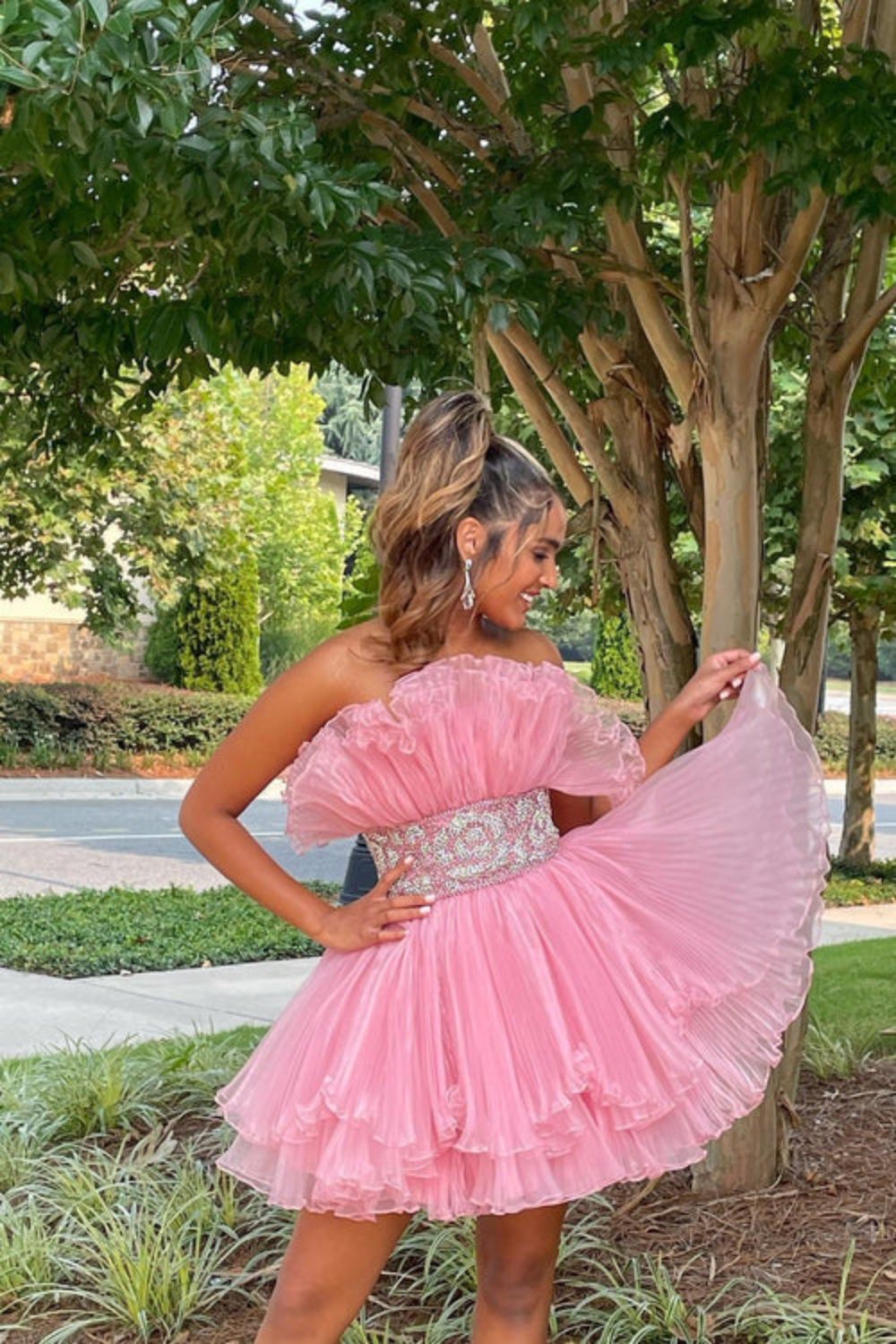 Dressime A Line Strapless Tulle Beaded Tiered Short Homecoming Dresses dressime