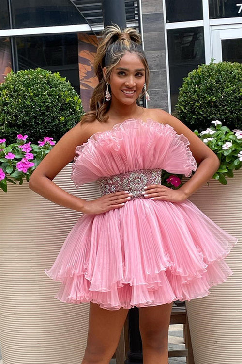 Dressime A Line Strapless Tulle Beaded Tiered Short Homecoming Dresses dressime