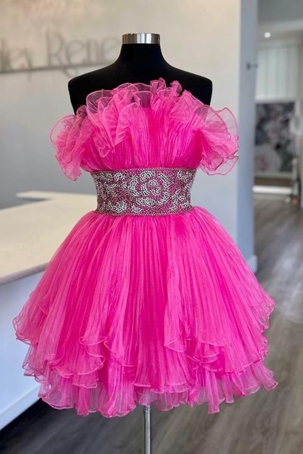 Dressime A Line Strapless Tulle Beaded Tiered Short Homecoming Dresses dressime
