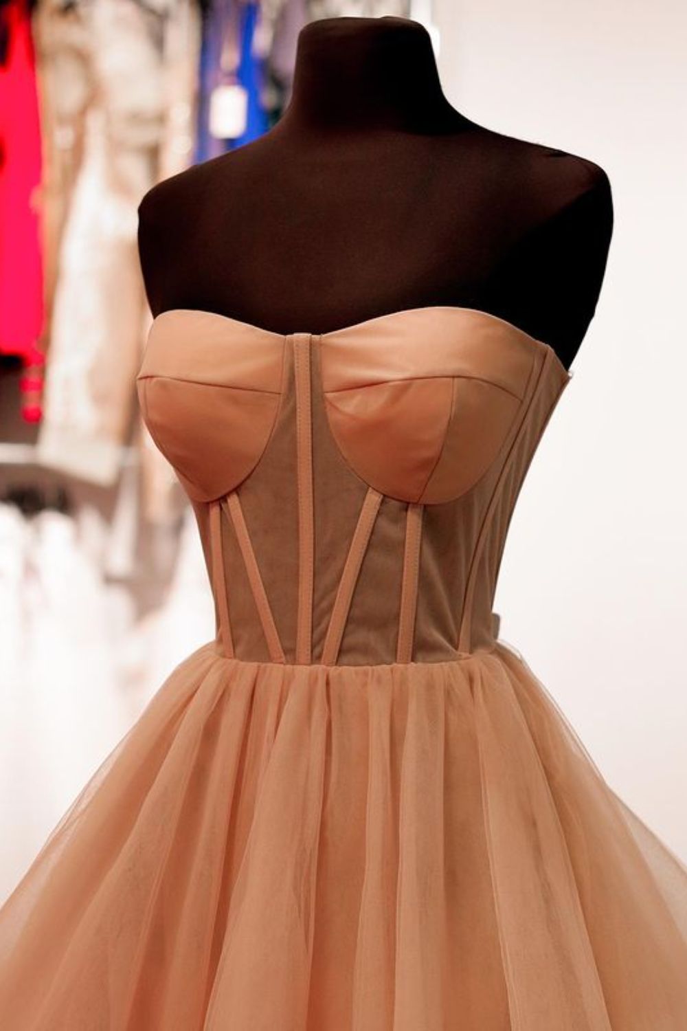 Dressime A Line Strapless Tulle Tiered Long Prom Dress with Ruffles dressime