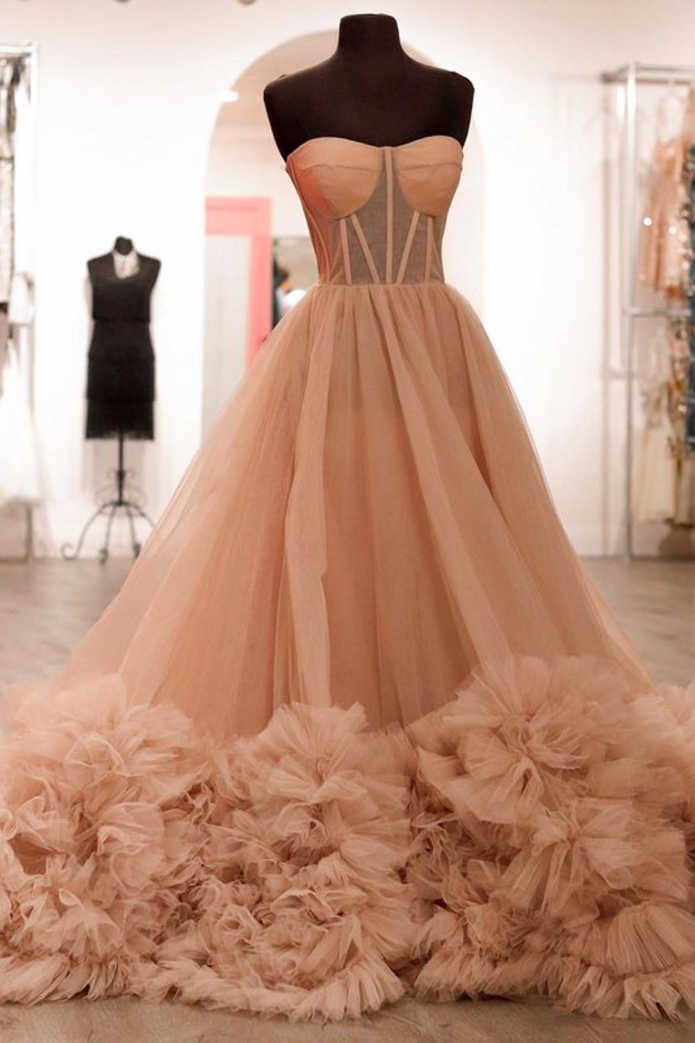 Dressime A Line Strapless Tulle Tiered Long Prom Dress with Ruffles dressime