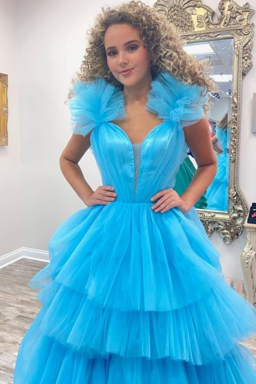 Dressime A-Line Straps Tulle Tiered Ruffle Long Prom Dress dressime