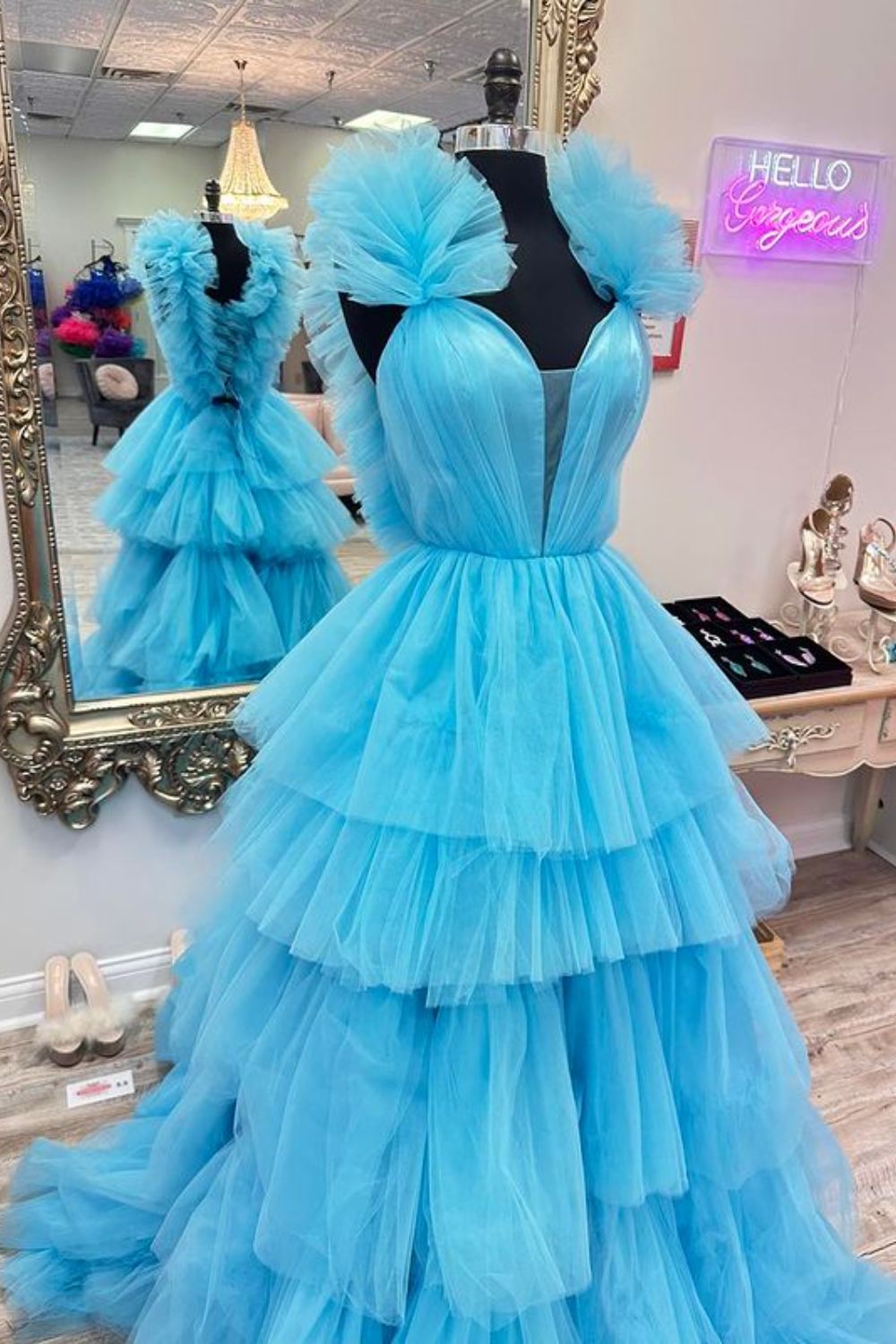 Dressime A-Line Straps Tulle Tiered Ruffle Long Prom Dress dressime