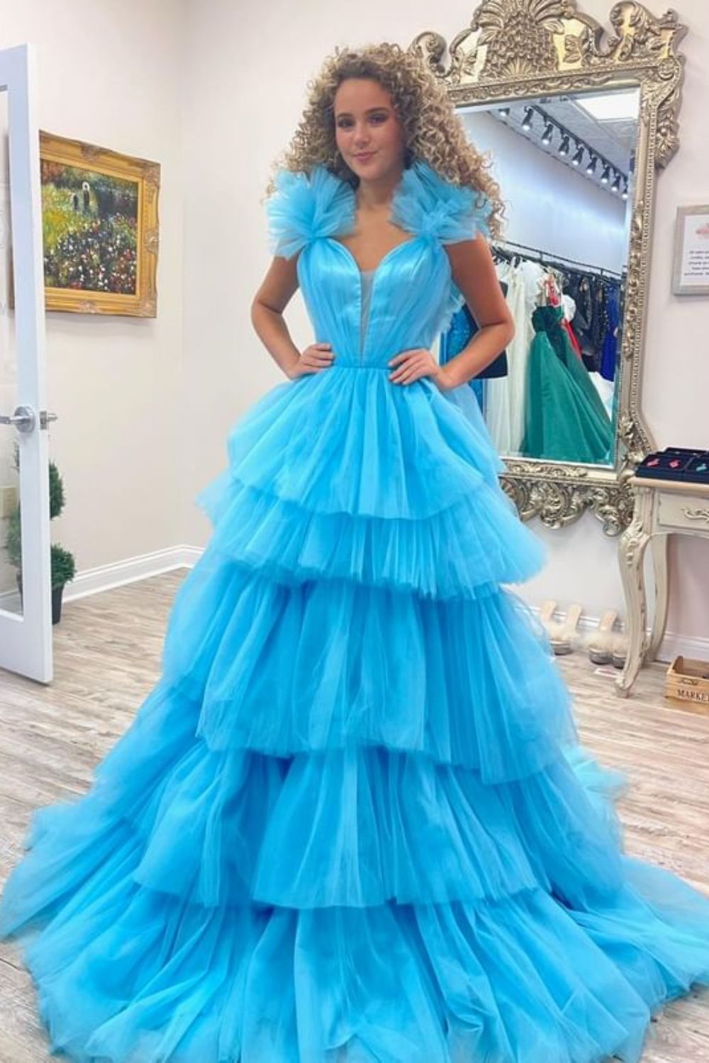 Dressime A-Line Straps Tulle Tiered Ruffle Long Prom Dress dressime