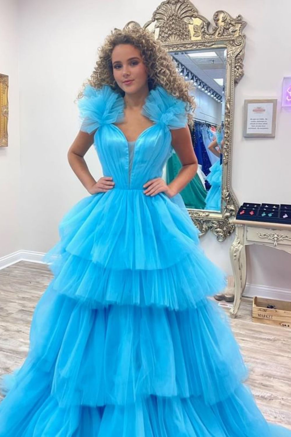 Dressime A-Line Straps Tulle Tiered Ruffle Long Prom Dress dressime
