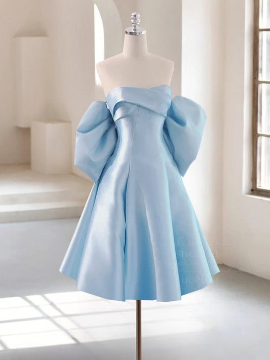 Dressime A-Line Sweetheart Satin Short Party Dress With Puff Sleeves dressime