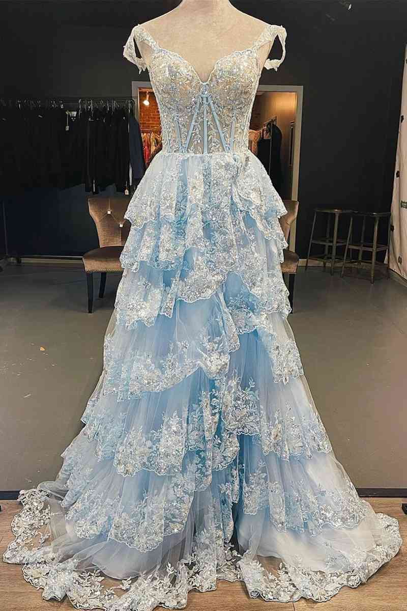 Dressime A Line Sweetheart Sequin Embroidery Tiered Long Prom Dress wi dressime Dressime A Line Sweetheart Sequin Embroidery Tiered Long Prom Dress wi dressime
