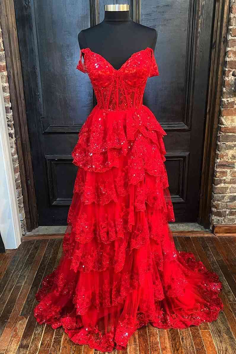 Dressime A Line Sweetheart Sequin Embroidery Tiered Long Prom Dress wi dressime Dressime A Line Sweetheart Sequin Embroidery Tiered Long Prom Dress wi dressime