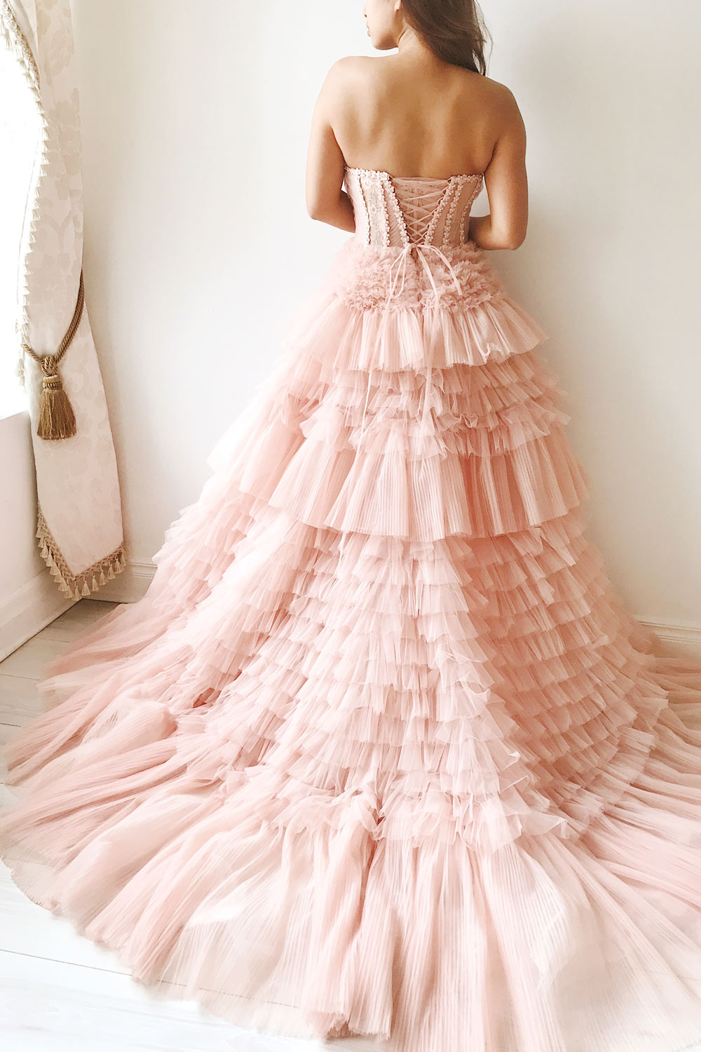 Dressime A Line Sweetheart Tulle Tiered Long Prom Dress dressime