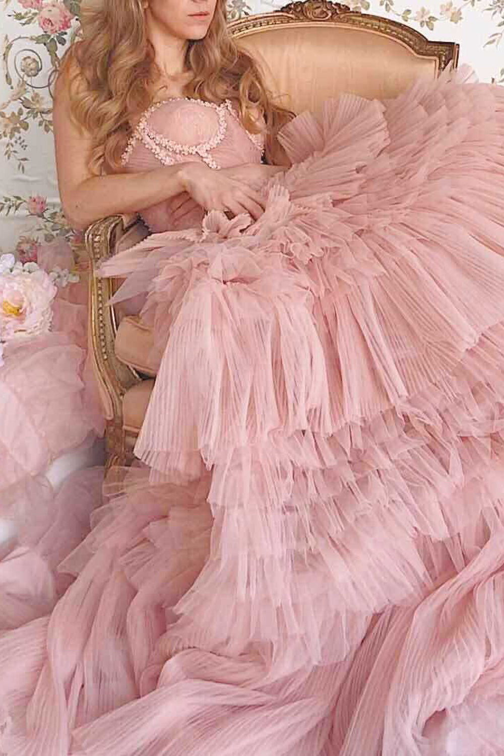 Dressime A Line Sweetheart Tulle Tiered Long Prom Dress dressime