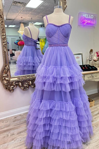 Dressime A Line Sweetheart Tulle Tiered Ruffle Beaded Long Prom Dress dressime