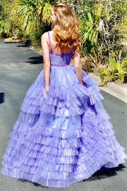 Dressime A Line Sweetheart Tulle Tiered Ruffle Beaded Long Prom Dress dressime