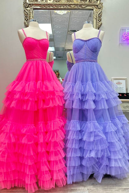 Dressime A Line Sweetheart Tulle Tiered Ruffle Beaded Long Prom Dress dressime