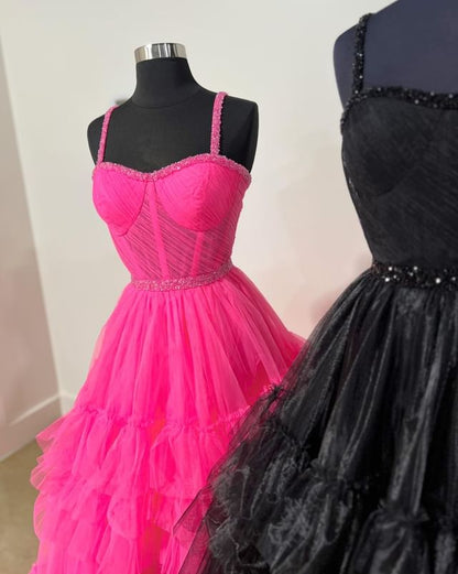 Dressime A Line Sweetheart Tulle Tiered Ruffle Beaded Long Prom Dress dressime
