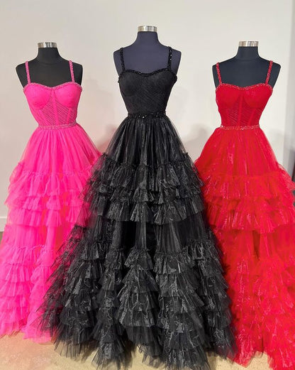 Dressime A Line Sweetheart Tulle Tiered Ruffle Beaded Long Prom Dress dressime