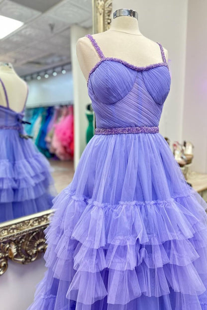 Dressime A Line Sweetheart Tulle Tiered Ruffle Beaded Long Prom Dress dressime