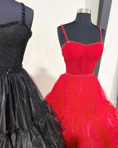 Dressime A Line Sweetheart Tulle Tiered Ruffle Beaded Long Prom Dress dressime