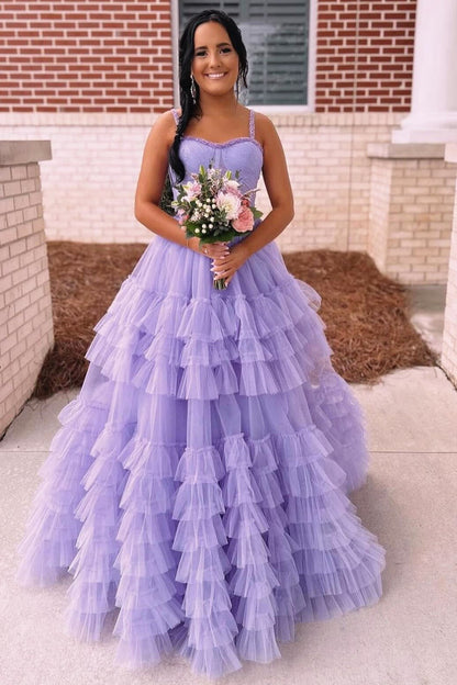 Dressime A Line Sweetheart Tulle Tiered Ruffle Beaded Long Prom Dress dressime