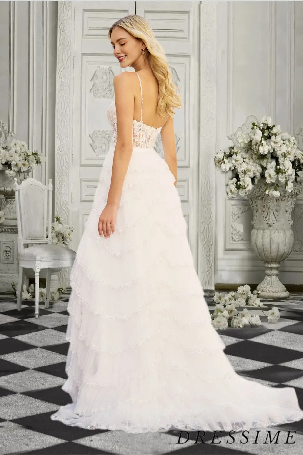 Dressime Women White Beaded Prom Dress A Line Sweetheart Tulle Tiered Slit Long Party Dress dressime Dressime Women White Beaded Prom Dress A Line Sweetheart Tulle Tiered Slit Long Party Dress dressime