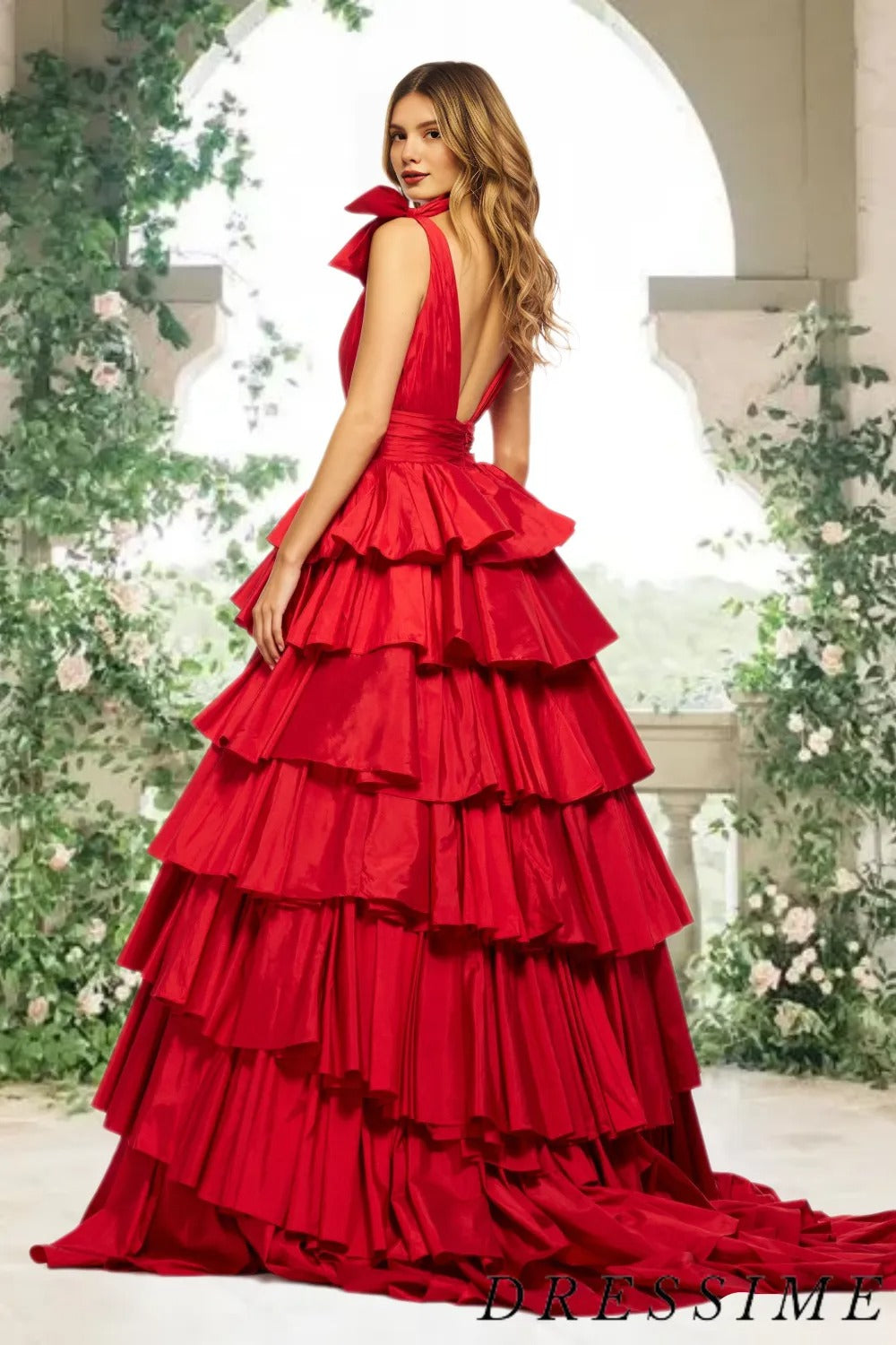 Dressime A Line Tie Straps Plunging V Neck Tiered Long Prom Dress dressime Dressime A Line Tie Straps Plunging V Neck Tiered Long Prom Dress dressime