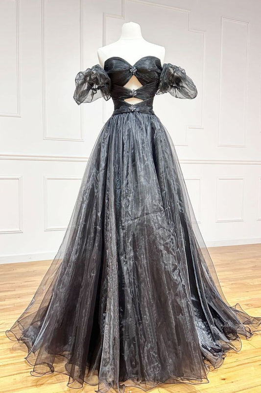 Dressime A Line Tulle Off-Shoulder Rhinestones Long Prom Dress with Slit dressime
