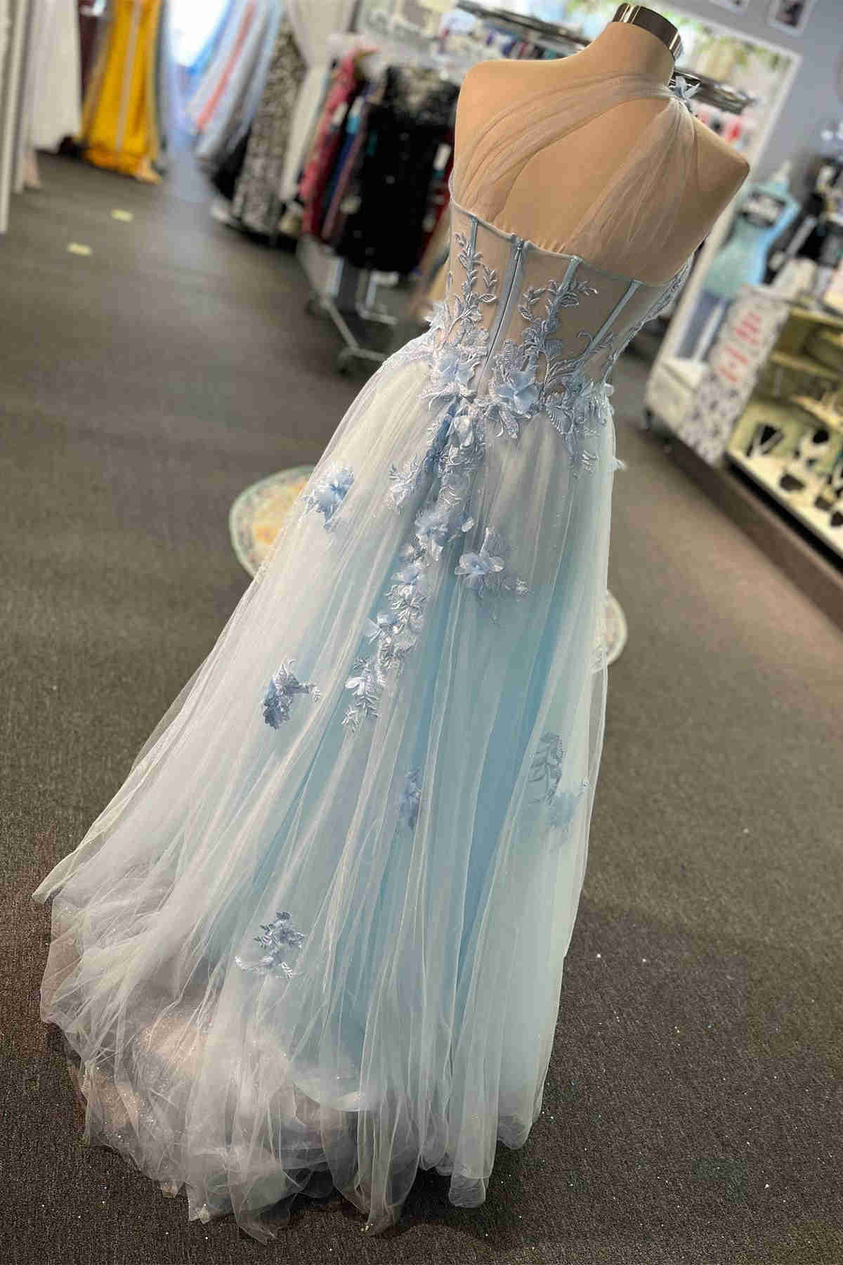 Dressime A Line Tulle One Shoulder Long Prom Dress with Appliques dressime Dressime A Line Tulle One Shoulder Long Prom Dress with Appliques dressime