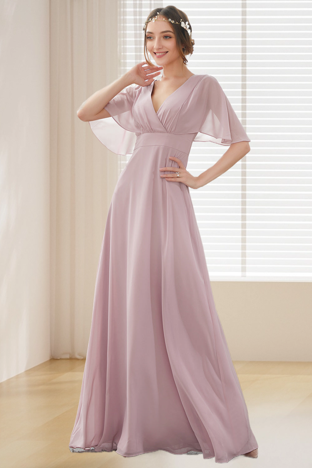Dressime A Line V Neck Chiffon Batwing Sleeves Long Bridesmaid Dress dressime