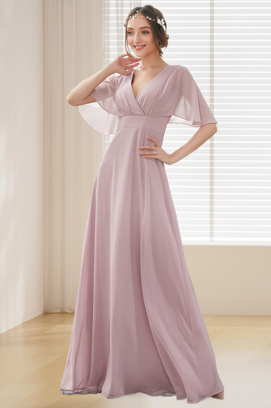Dressime A Line V Neck Chiffon Batwing Sleeves Long Bridesmaid Dress dressime