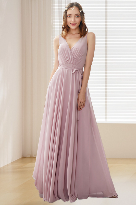 Dressime A Line V Neck Chiffon Long Bridesmaid Dress dressime