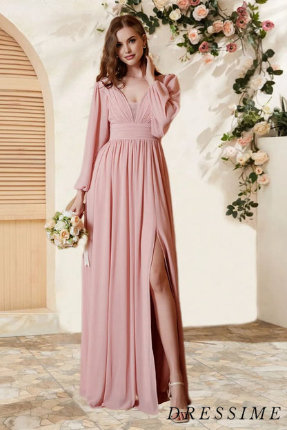 Dressime A Line V Neck Chiffon Long Sleeves Floor Length Bridesmaid Dress With Slit dressime