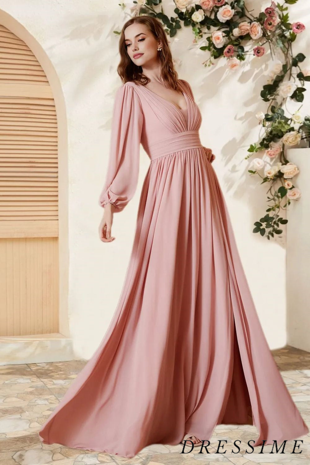 Dressime A Line V Neck Chiffon Long Sleeves Floor Length Bridesmaid Dress With Slit dressime