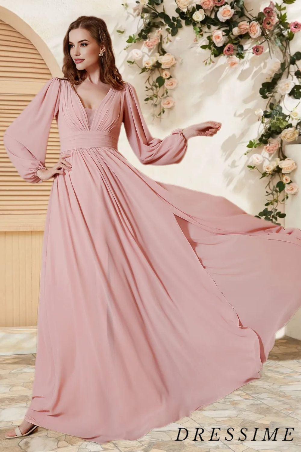 Dressime A Line V Neck Chiffon Long Sleeves Floor Length Bridesmaid Dress With Slit dressime