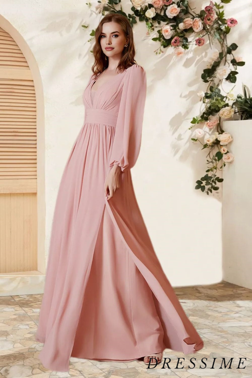 Dressime A Line V Neck Chiffon Long Sleeves Floor Length Bridesmaid Dress With Slit dressime