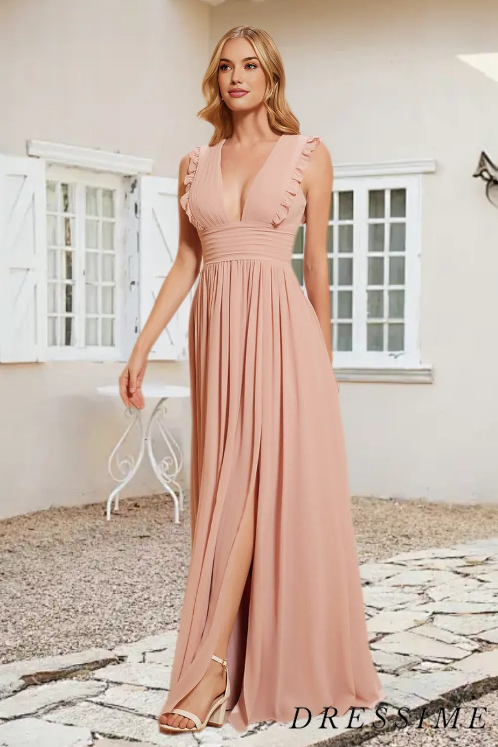 a line pleated chiffon floor length dress A-Line Pleated Long Chiffon Bridesmaid Dress in Champagne, Champagne / 0