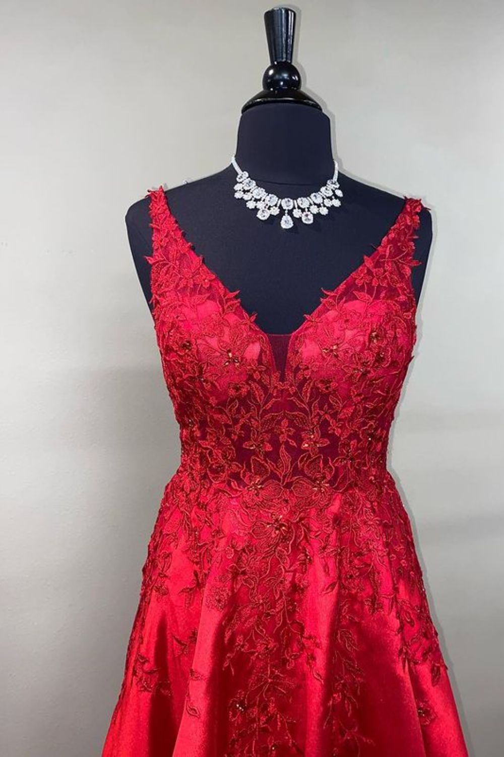 Dressime A Line V Neck Satin Long Prom Dress With Appliques dressime