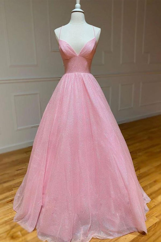 Dressime A Line V Neck Spaghetti Straps Tulle Long Prom Dress dressime