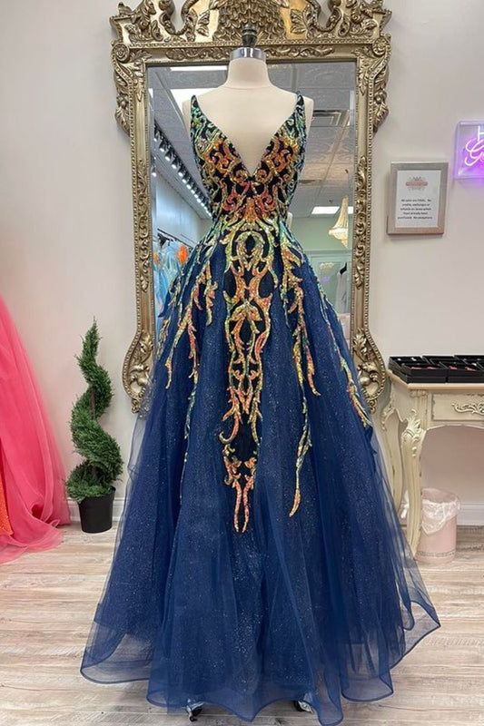 Dressime A Line V Neck Tulle Long Prom Dress With Sequin Appliques dressime