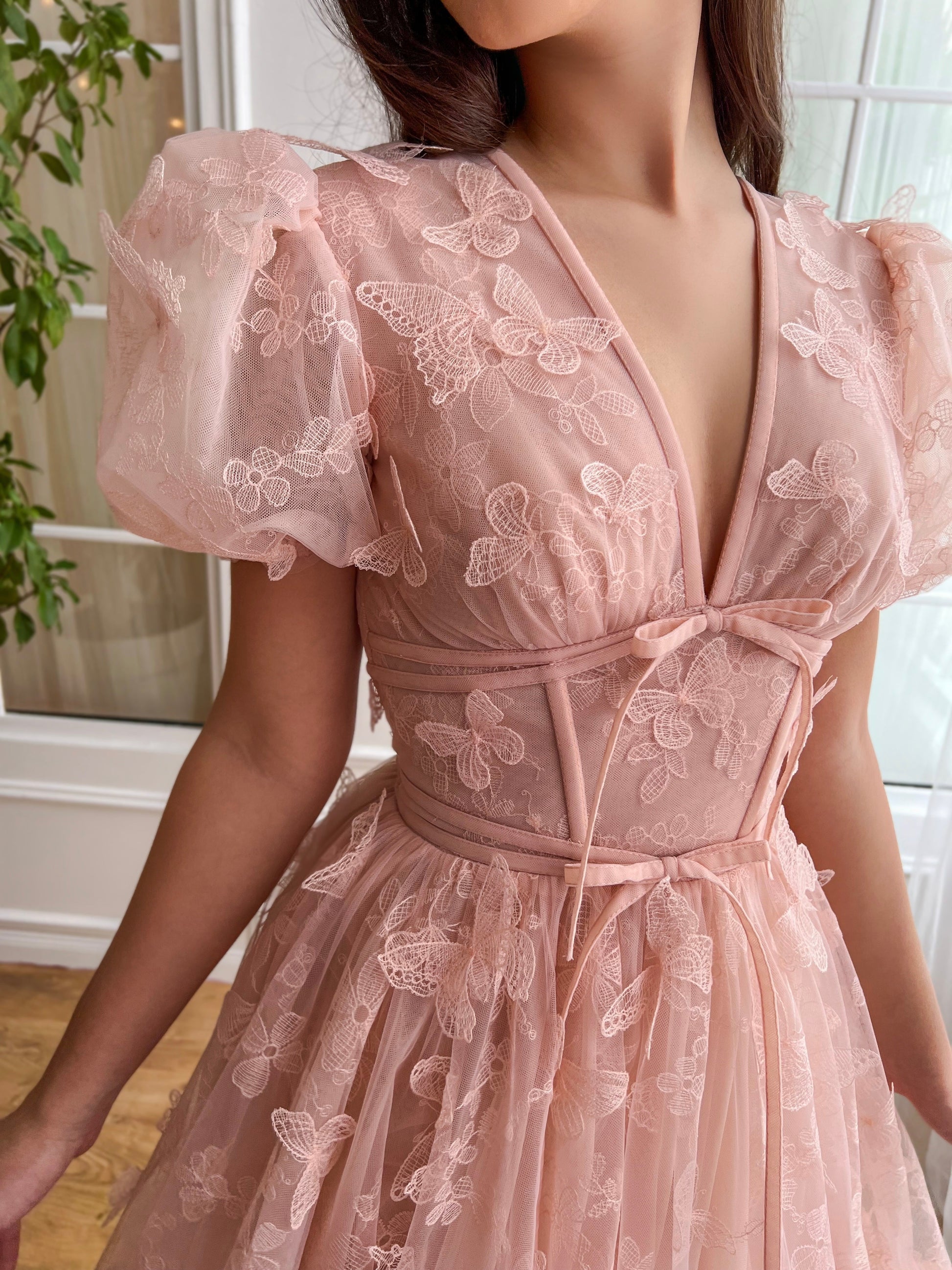Dressime A Line V Neck Tulle Midi Party Dress With Butterfly dressime