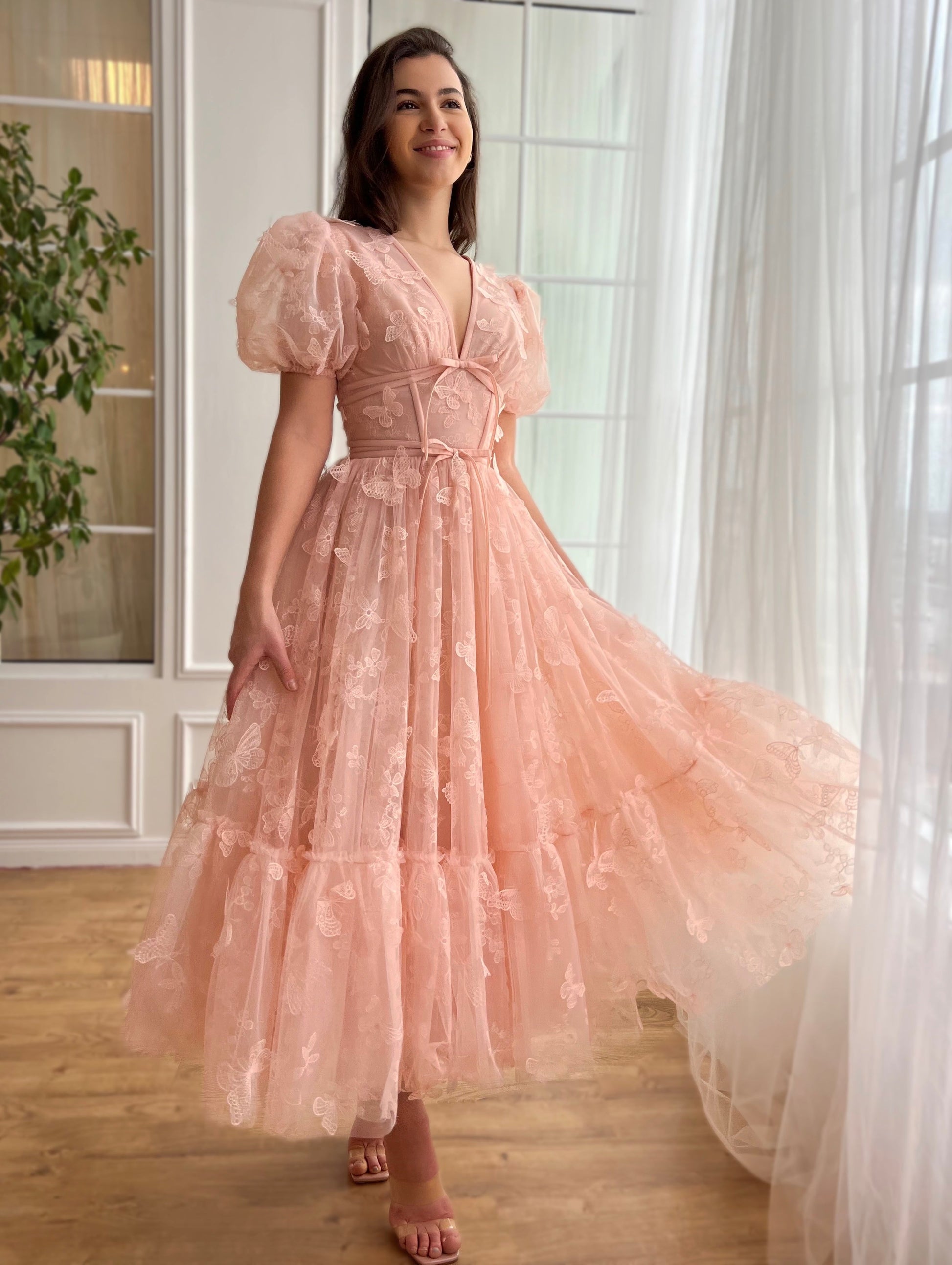 Dressime A Line V Neck Tulle Midi Party Dress With Butterfly dressime Dressime A Line V Neck Tulle Midi Party Dress With Butterfly dressime