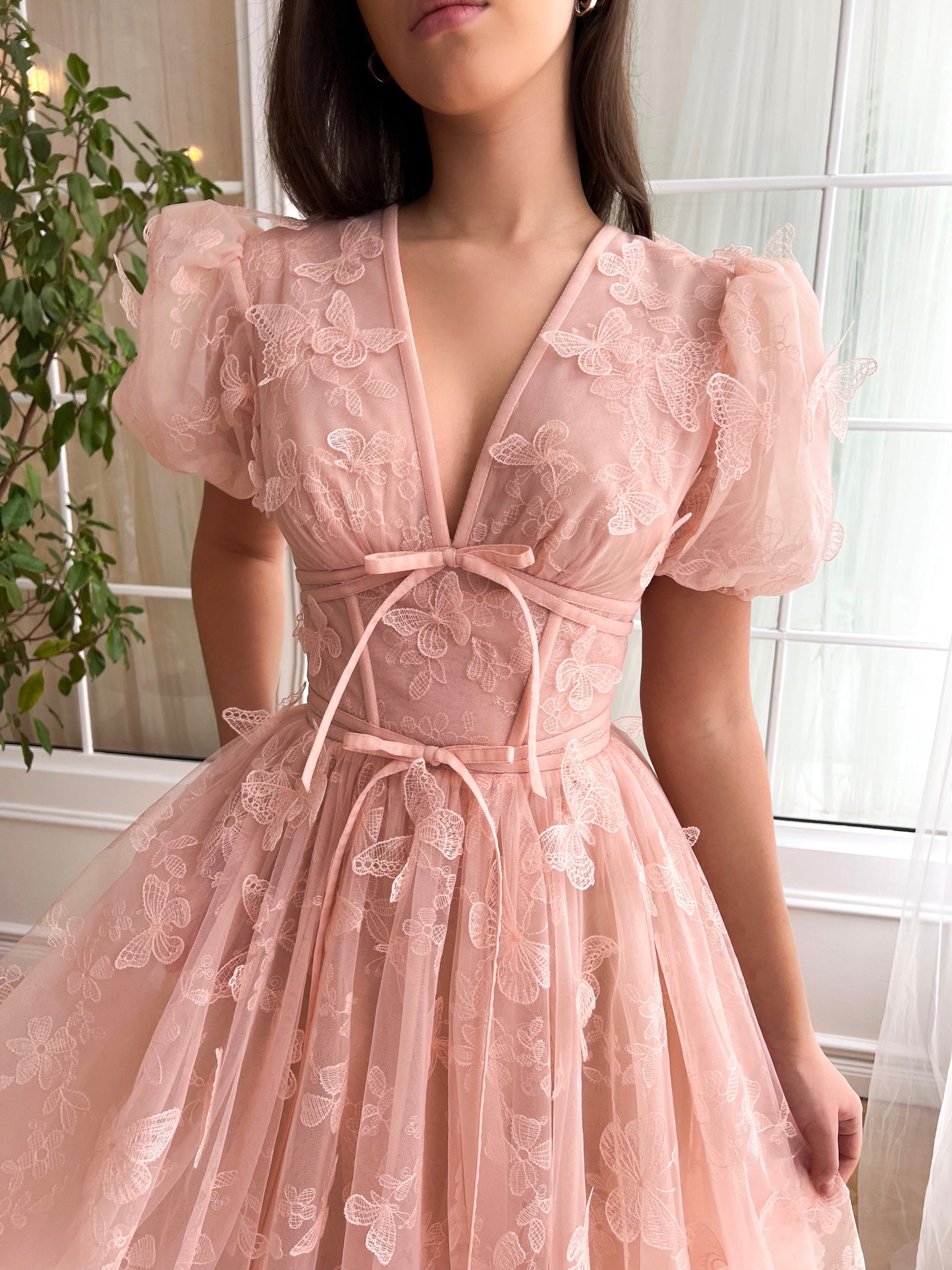 Dressime A Line V Neck Tulle Midi Party Dress With Butterfly dressime