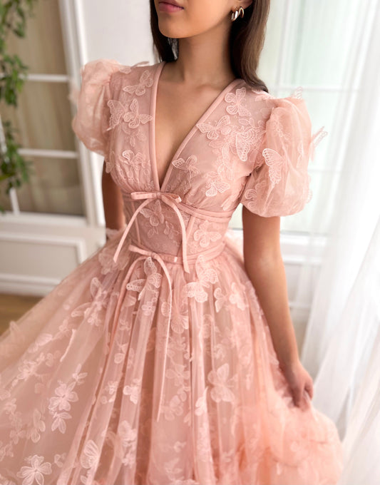 Dressime A Line V Neck Tulle Midi Party Dress With Butterfly dressime