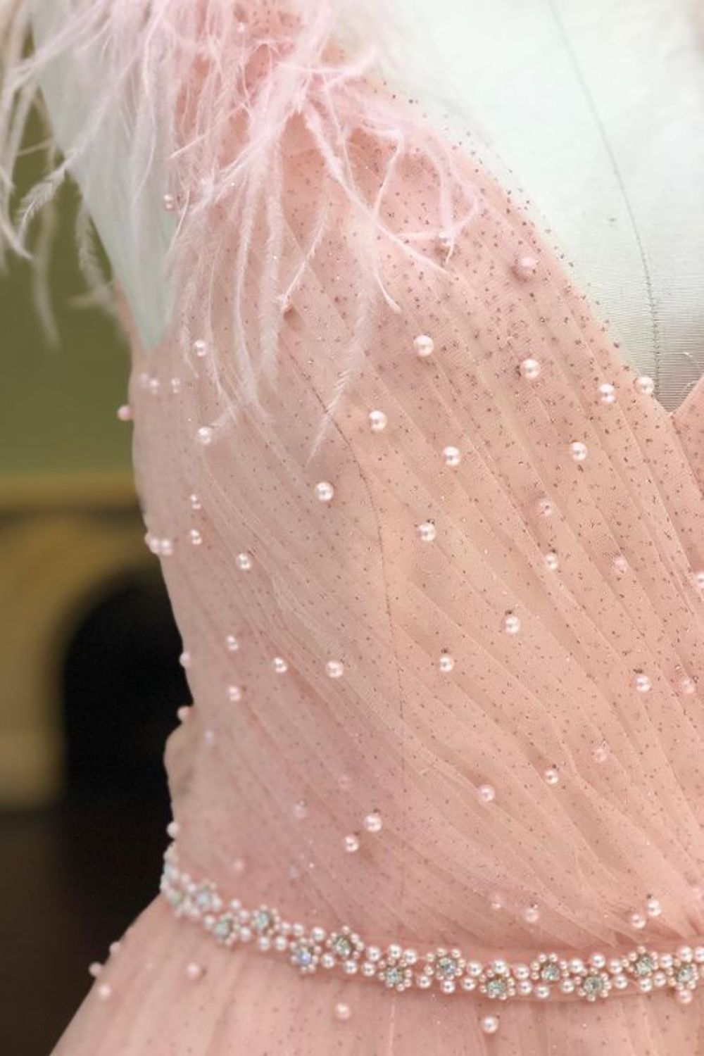 Dressime A Line V Neck Tulle Pearl Long Prom Dress With Feather dressime