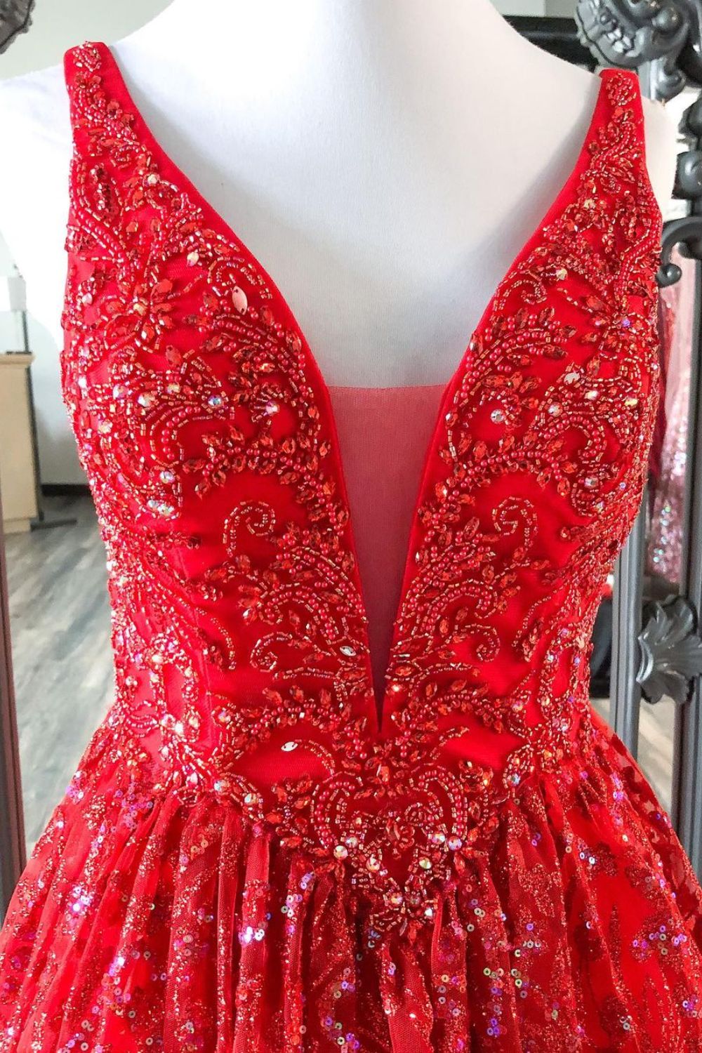 Dressime A Line V Neck Tulle Prom Dress With Beaded dressime